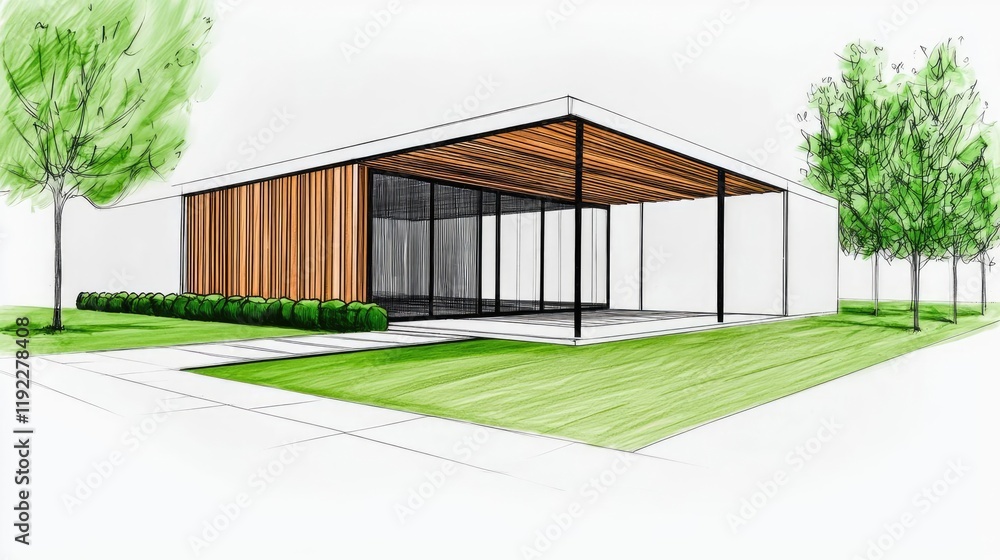 Poster architect sketching idea. modern architectural design featuring a sleek, minimalistic structure with