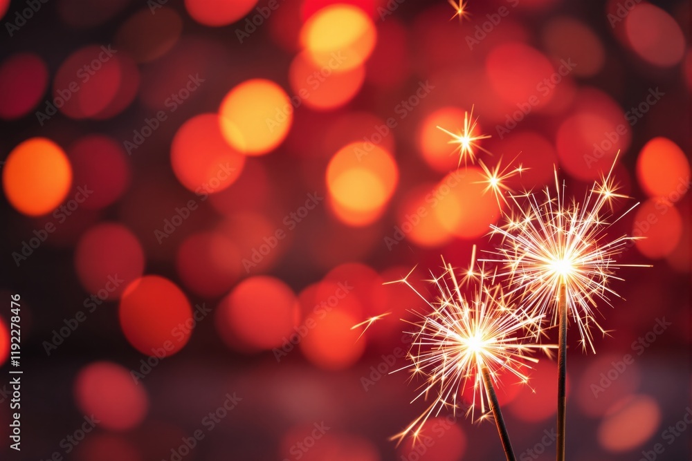 Poster sparkling fireworks illuminated over a blurred warm-toned bokeh background, creating a festive and c