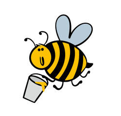Cute fat bee is flying in the sky. Vector illustration of a striped black and yellow friendly insect carrying a bucket full of honey. Funny animal character on white background.