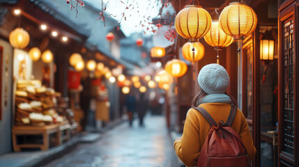 Obraz premium woman wearing backpack explores vibrant lantern lit street in Asian market during twilight, surrounded by warm glowing lights and traditional architecture, evoking sense of wonder