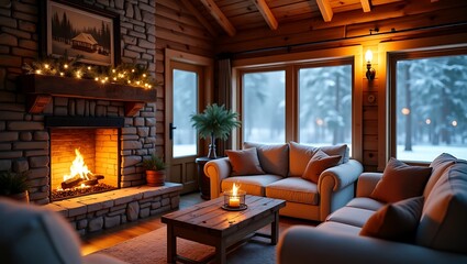 Cozy Cabin Living Room with Fireplace on a Winter Evening