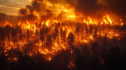 Huge wildfire burning trees in a coniferous forest at night, causing smoke and air pollution