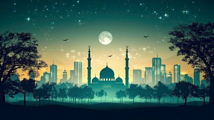 Naklejka premium Majestic Mosque at Night: A Serene Cityscape under the Starlit Sky
