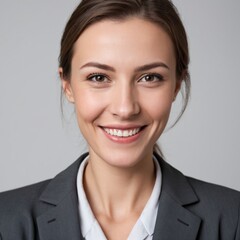 Portrait of a smiling businesswoman, a professional and confident woman in suit isolated on plain background