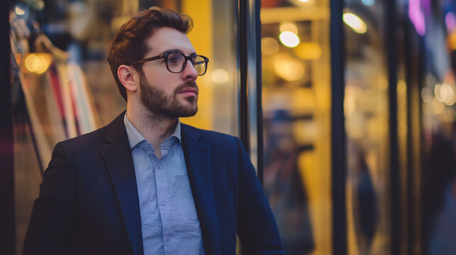 Professional in evening retail setting. Shows modern business and urban lifestyle