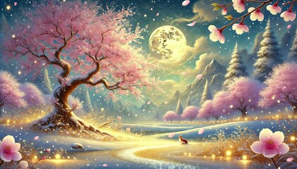 Golden Moonlit Sakura and Snow in a Gentle Fantasy Landscape