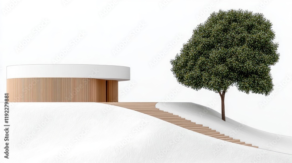 Poster architect sketching idea. modern architectural design featuring a round wooden structure and a tree 