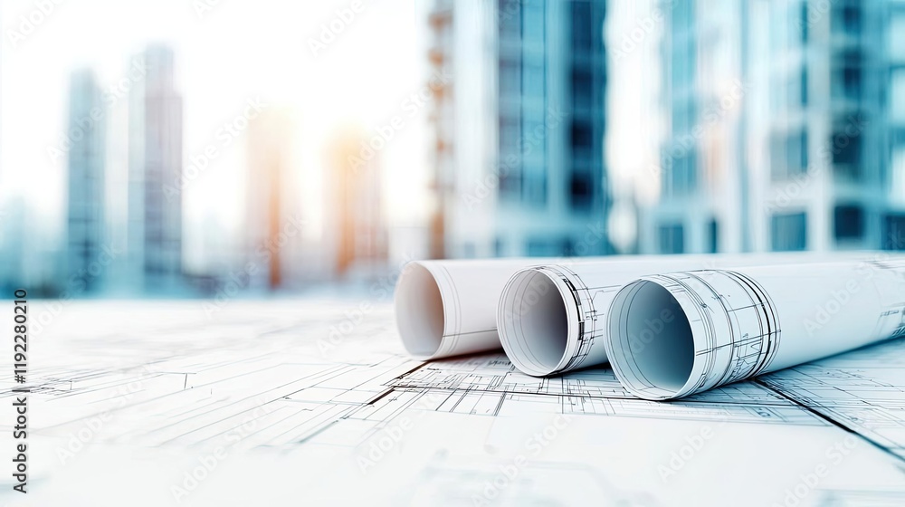 Poster architect blueprint idea. detailed architectural blueprints on a table with modern skyscrapers in th