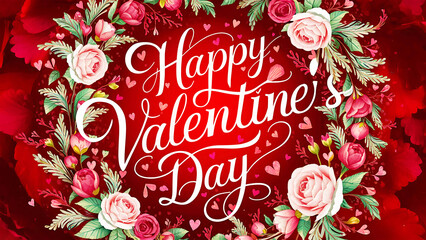 Happy valentines  Day greeting card with hearts on red background.