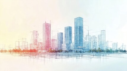 Obraz premium Architect project concept. Abstract city skyline illustration showcasing modern architectural designs and structures.