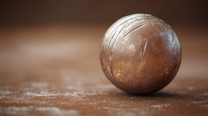 Fototapeta premium A close-up of a Petanque ball with light scratches on a muted brown background