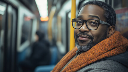 Man in winter wear on subway. Shows urban commute and seasonal lifestyle