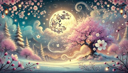 Fototapeta premium A Dreamy Fusion of Snow and Cherry Blossoms Under Golden Moonlight in a Fantasy World