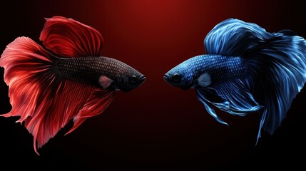 Obraz premium A dramatic shot of two betta fish preparing to fight on a black and red gradient background