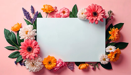 Greeting card for International Women's Day with colorful flowers on pink background, copy space