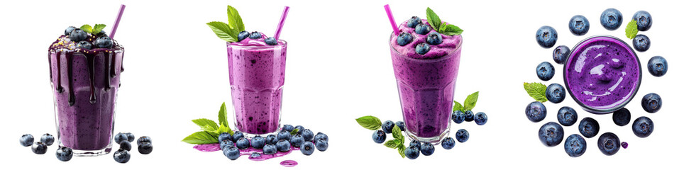 Blueberry smoothie with spreading sauce isolated on white background. Mix Collection Png.