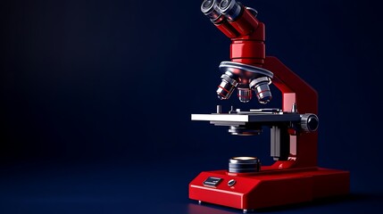 Vivid red microscope with shiny optics and sharp focus on a deep navy blue background