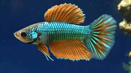 A metallic blue and orange betta fish flaring its fins on a navy blue backdrop