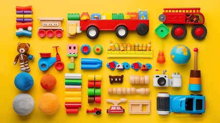 A flat lay of colorful children's toys on a yellow background.
