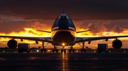 Fototapeta na wymiar commercial jetliner preparing for departure at sunset, showcasing vibrant colors and dramatic lighting