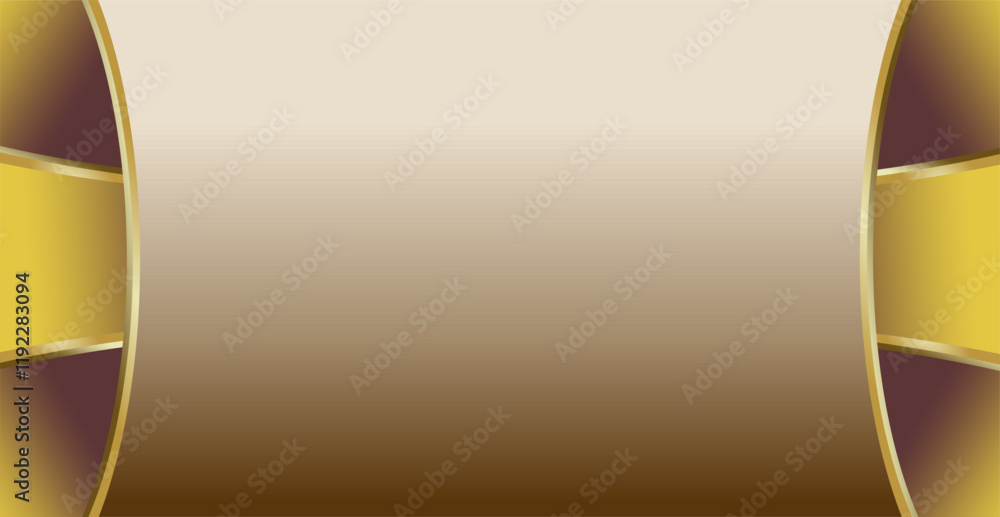 Poster composition of empty space, curved lines and geometric abstract fields with gradations of gold, brow