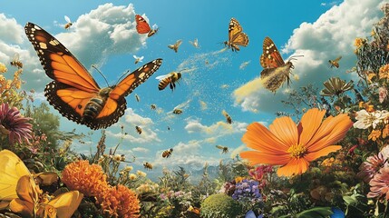 Scenic visualization of pollination featuring bees butterflies wind dispersing pollen across diverse flowering plants in bloom