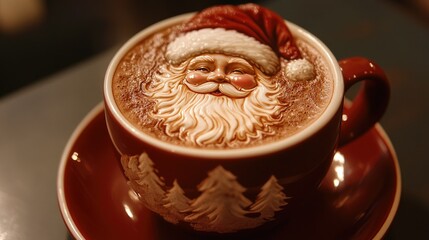 A red coffee cup sits on a wooden table, featuring a frothy latte art design of Santa Claus’s fac