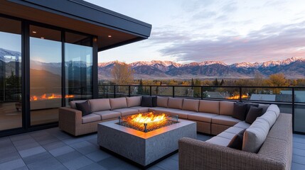 Obraz premium Patio furniture seating and minimal, A modern outdoor living space featuring a fire pit, plush seating, and stunning mountain views at sunset.