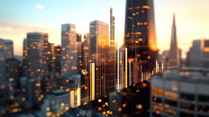 vibrant city skyline at sunset with dynamic overlays of glowing financial graphs and data visualizations, symbolizing economic growth and urban development