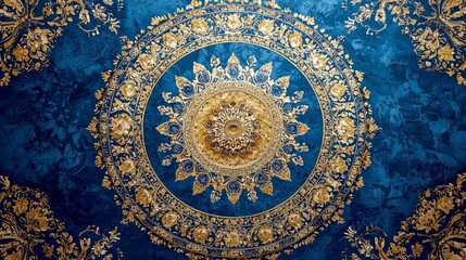 Opulent Gold and Blue Mandala: Intricate Design, Vintage Texture, Luxury Decor, Geometric Pattern, Royal Style, Cultural Ornament, Detailed Artwork