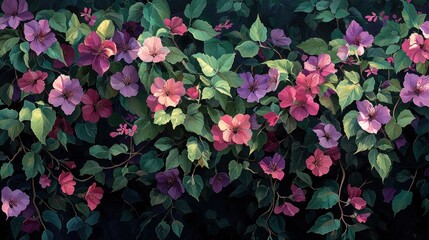 Vibrant floral pattern with lush greenery.