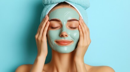 A woman glowing after a facial treatment on a soft baby blue background