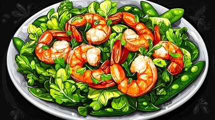 Vibrant illustration of succulent shrimp nestled in a bed of fresh greens and peas, artfully arranged on a plate.