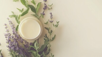 Fresh herbal leaves and a jar of face cream on a cream gradient background