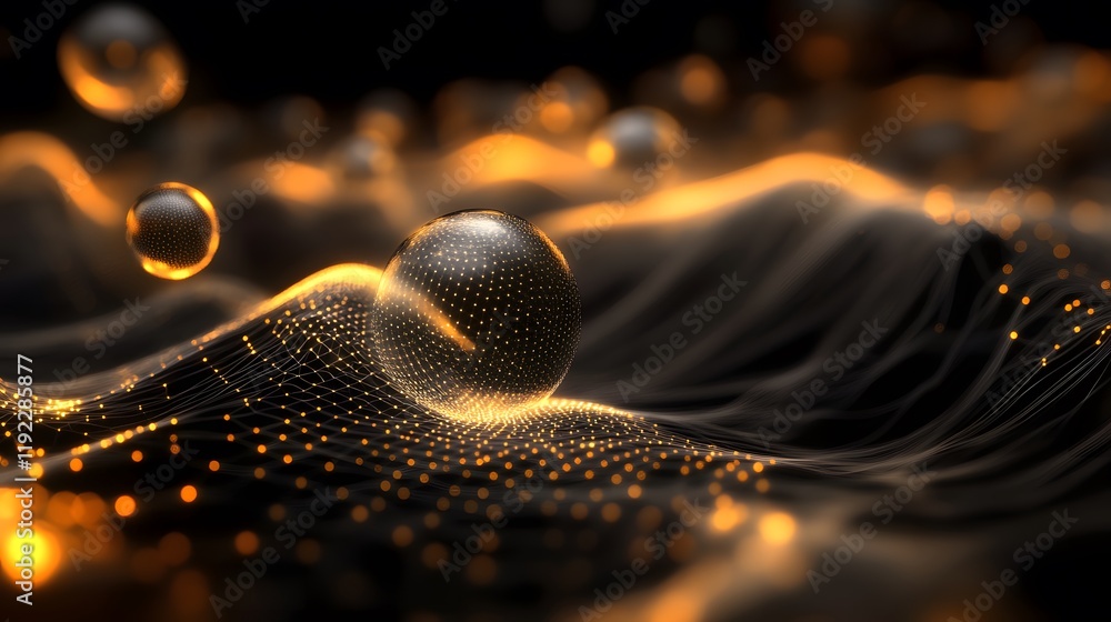 Poster dynamic flow of golden particles abstract digital space 3d visualization dark environment close-up v