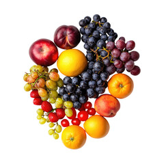 Variety of colorful fresh fruits including grapes oranges and apples isolated on white or transparent PNG