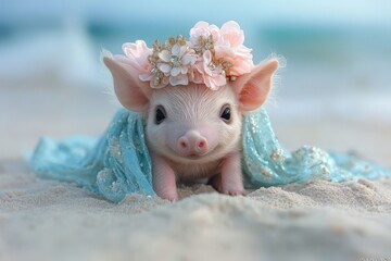 Adorable piglet on beach wearing flower crown and teal fabric.  Perfect for pet, summer, or whimsical themes.