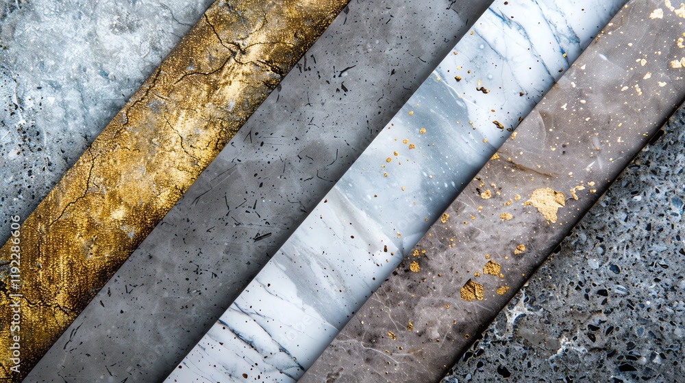 Poster a close-up of a collection of five different types of stone with various textures and colors.