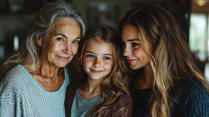 Obraz premium Women's Day family different age concept. A photostock of a loving grandmother, mother, and daughter sharing a joyful moment indoors