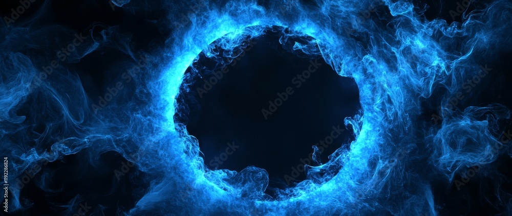 Poster circular blue energy formation surrounded by swirling mist in a dark environment adding a mystical t