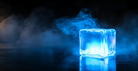 Bright blue ice cube surrounded by mist and darkness creates a mystical atmosphere