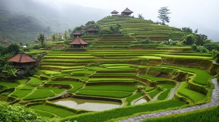 Lush green rice terraces with traditional houses on hillside.