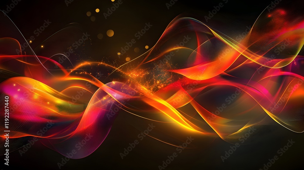 Poster dynamic flow of colorful waves abstract design digital artwork dark background wide angle visual con