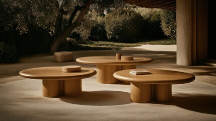 Fototapeta premium Three light brown oval coffee tables of varying sizes on a light beige surface, outdoors under olive trees.