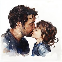 Watercolor painting of a parent kissing their child's forehead, on isolated white background