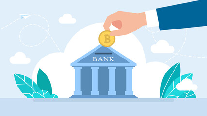 Hand putting bitcoin into piggy bank. Crypto currency savings concept. Blockchain, cryptocurrency concept. Bitcoin saving or accumulation of money, investment. Flat illustration