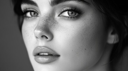 A Closeup Monochrome Portrait of a Woman with Freckles