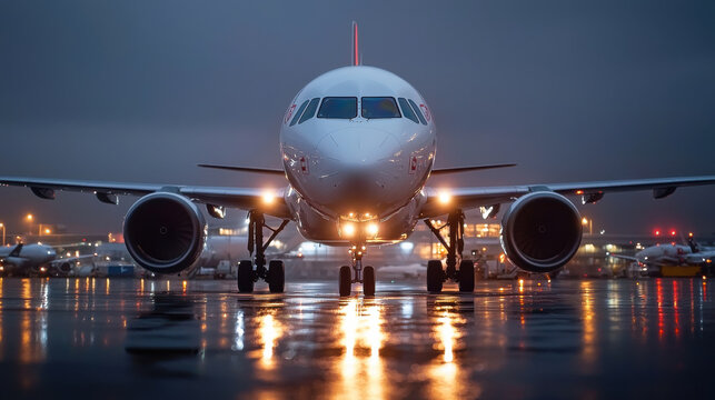 modern aircraft on wet runway at night, showcasing its powerful engines and lights