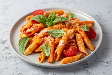 Classic italian pasta penne alla arrabiata with basil and freshly grated parmesan cheese on dark table. Penne pasta with chili sauce arrabbiata.