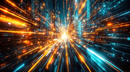 Abstract futuristic cityscape with vibrant light streaks converging towards a bright center, suggesting speed and technological advancement.